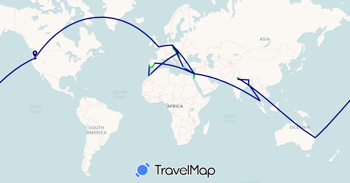 TravelMap itinerary: driving, bus, boat in Australia, Czech Republic, Germany, Egypt, Spain, United Kingdom, Greece, Hungary, Israel, India, Morocco, Portugal, Serbia, Thailand, United States (Africa, Asia, Europe, North America, Oceania)